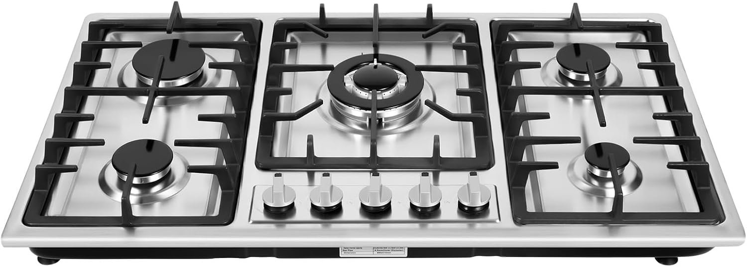 34 inch Stainless Steel Gas Cooktop, LPG/NG Gas Cooktop 5 Burners Built in Gas Stove, LPG/NG Dual Fuel Gas Stove, Thermocouple Protection and Easy to Clean, Drop-in Gas Hob 5 Burner, Silver
