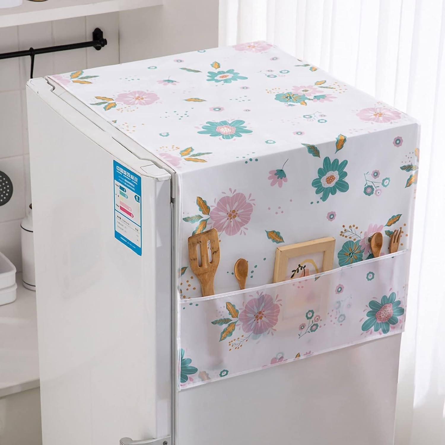 Dust-Proof Refrigerator Cover PEVA Washing Machine Top Protector with Side Storage Bags Water and Oil Proofing Refrigerator Cover Towel Universal Cover for Home and Kitchen(Flower) - Image 3