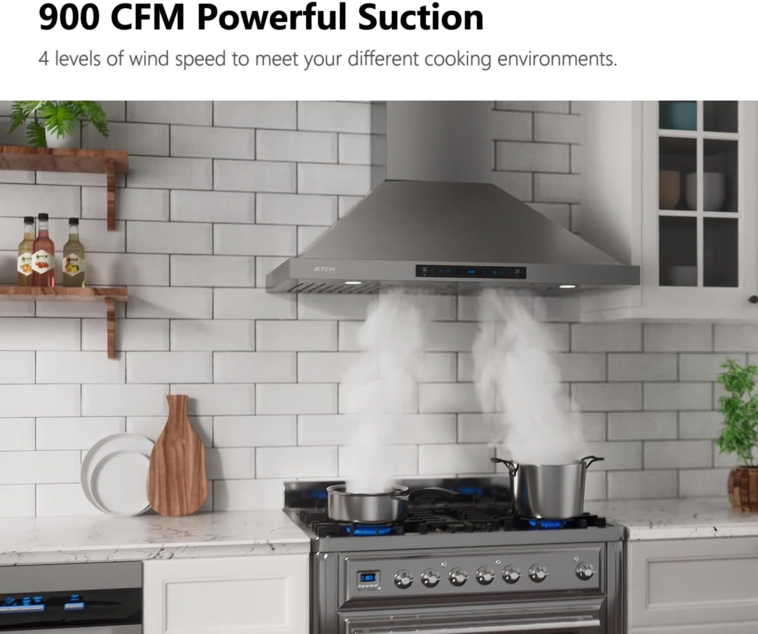 IKTCH 30-inch Wall Mount Range Hood 900 CFM Ducted/Ductless Convertible, Kitchen Chimney Vent Stainless Steel with Gesture Sensing & Touch Control Switch Panel, 2 Pcs Adjustable Lights(IKP02-30'') - Image 2