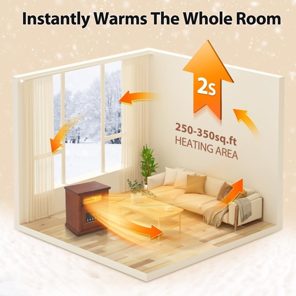 LifePlus Electric Infrared Space Heaters for Indoor Use, 1500W Box Space Heater with Wood Frame, Remote Control 12H Timer and 3 Heating Mode, Multiple Security Protections, for Living Room Home Office - Image 7