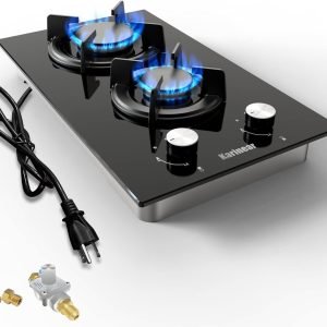 Karinear Gas Cooktop 2 Burner Propane Cooktop, 12 Inch LPG/NG Dual Fuel Gas Stove Top, Built-in Tempered Glass Gas Cooktop for Apartment, Indoor, RV