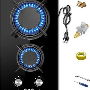 12 inch Gas Stove, 2 Burners Propane Cooktop Bulit-in, Indoor Gas Cooktop Suitable for Dual Fuel LPG/NG, Tempered Glass Gas Stove Top for Kitchen, Apartment, Indoor, 110-120V Plug in