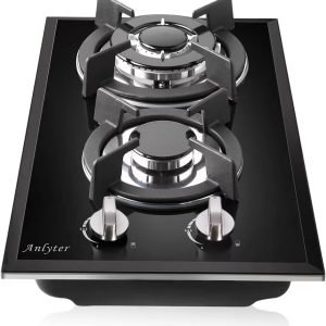 12 Inch Gas Cooktop, 2 Burner Built-in Stovetop Tempered Glass LPG/NG Convertible Dual Fuel Sealed Hob - Black