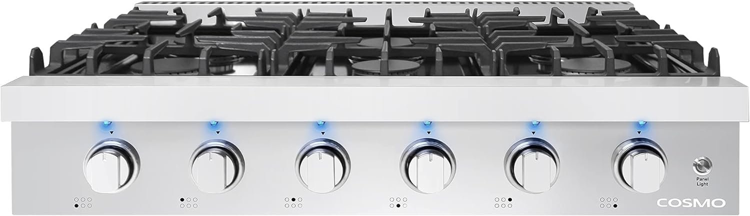 COSMO COS-GRT366 Slide-In Counter Gas-Cooktop 36 inch | 6 Italian-Made Burner Range-Top, Dual Ring Stove, Dishwasher-Safe Cast Iron Grate, Metal Front Knob Control Panel, 36 inch, Stainless Steel