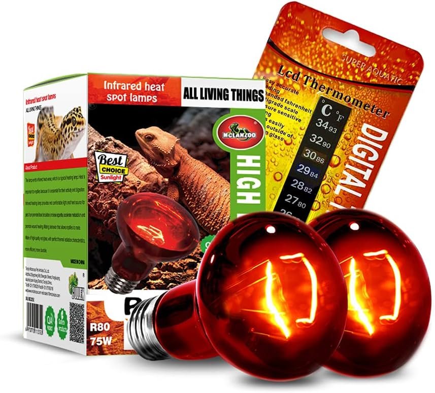 Infrared Heat Lamp Bulbs 75W 2 Pack,Red Basking Spot Light Bulb Reptile Heating lamp for Bearded Dragon,Turtle,Snake,Leopard Gecko,Chicked with Digital Temperature Thermometer