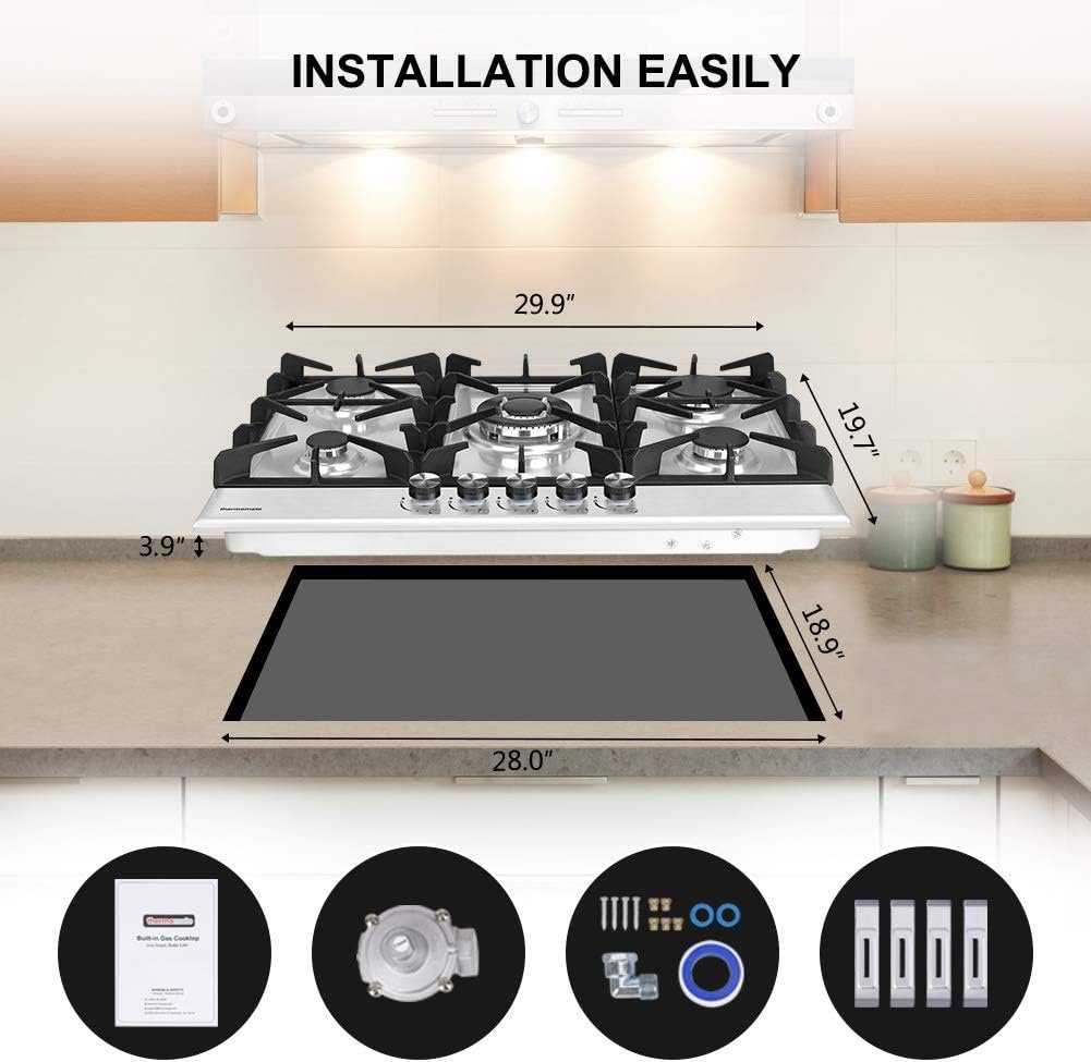 thermomate 30 Inch Gas Cooktop, Built In Gas Rangetop with 5 High Efficiency Burners, NG/LPG Convertible Stainless Steel Gas Stove Top with Thermocouple Protection, 120V AC - Image 7