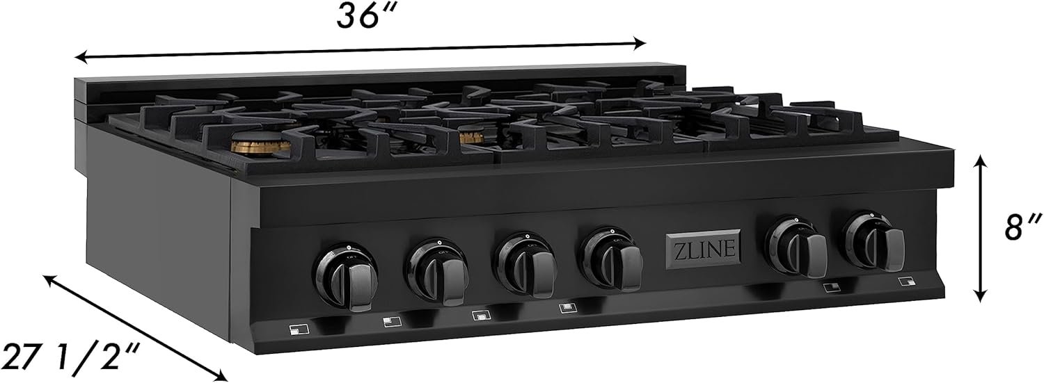 ZLINE 36 in. Legacy Gas Rangetop with 6 Brass Burners and Porcelain Cooktop in Black Stainless Steel (RTB-BR-36) - Image 9