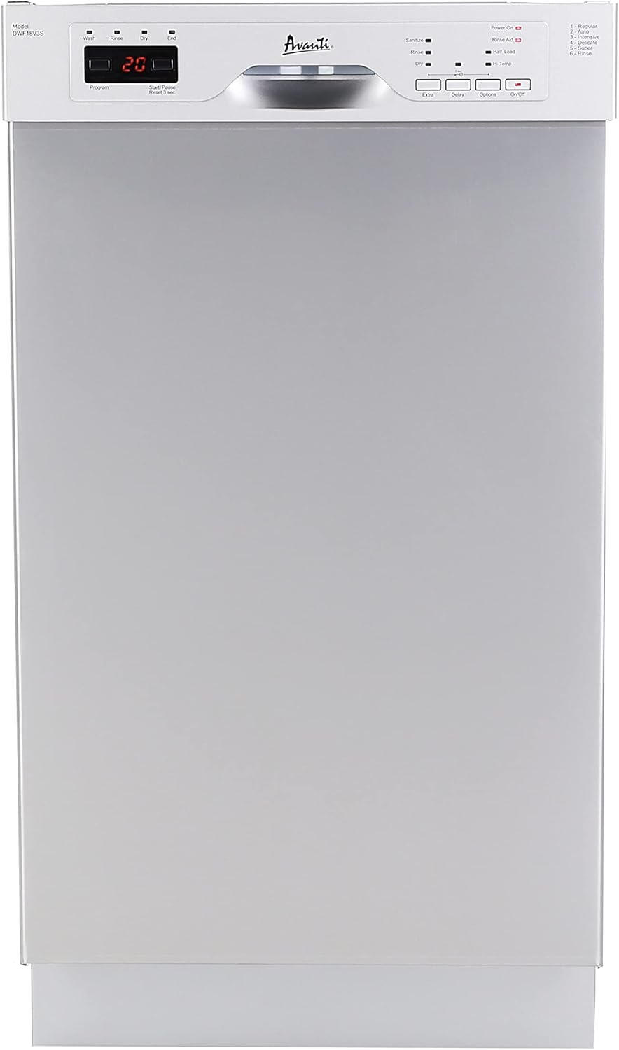 Avanti DWF18V3S 18-Inch Dishwasher Machine with LED Display, 3 Wash Options, 6 Automatic Cycles and Low Noise Rating, 53db, Stainless Steel