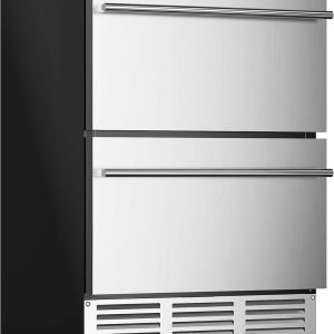 EUHOMY 24 Inch Under Counter Double Drawer Fridge, Weather Proof Stainless Steel Outdoor Beverage Refrigerator for Patio, Built-in Beverage Fridge for Home & Commercial Use Stainless Steel Silver
