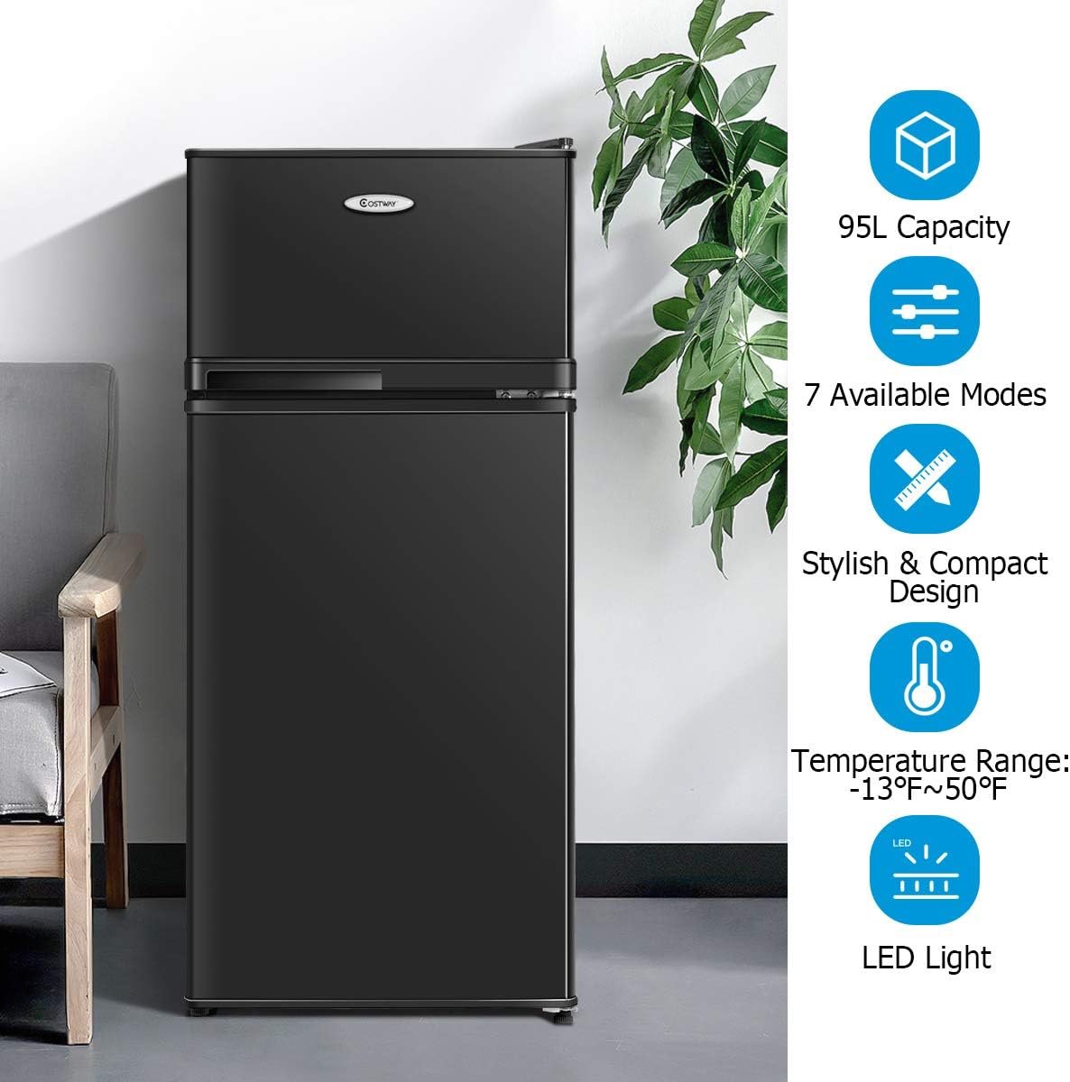 COSTWAY Compact Refrigerator, 3.4 Cu. Ft. Classic Fridge with Adjustable Removable Glass Shelves, Mechanical Control, Recessed Handle, Fridge Freezer for Dorm, Office, Apartment, Black - Image 4