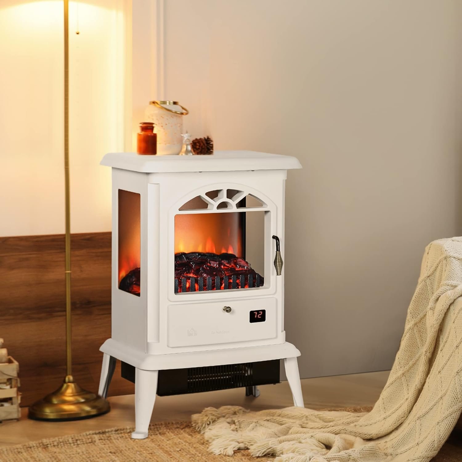 HOMCOM 23" Electric Infrared Fireplace Stove, Freestanding Fire Place Heater with Realistic Log Flame, Adjustable Temperature, Timer, 1000W/1500W, White - Image 2