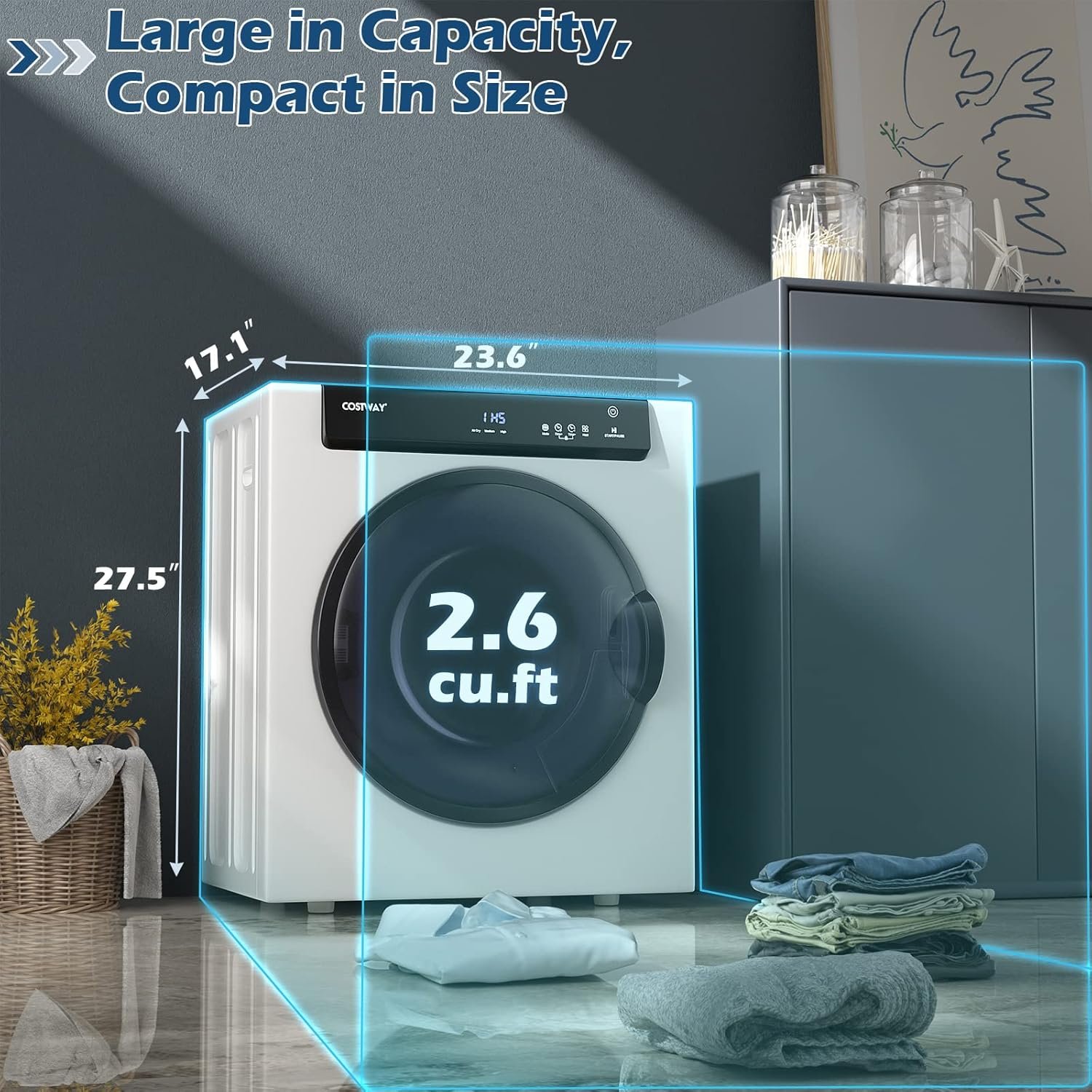 COSTWAY Compact, Touch Panel, 2 Modes, 3 Heating Powers and Adjustable Exhaust Vent, 8.8 LBS Front Load Tumble Laundry Apartment, Dorm and Home, 1400W, White Portable Dryer - Image 6