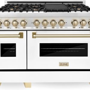 ZLINE Autograph Edition 48 in. 6.0 cu. ft. Legacy Dual Fuel Range with 7 Burner Gas Cooktop and 2 Electric Ovens in Stainless Steel with White Matte Doors and Polished Gold Accents (RAZ-WM-48-G)