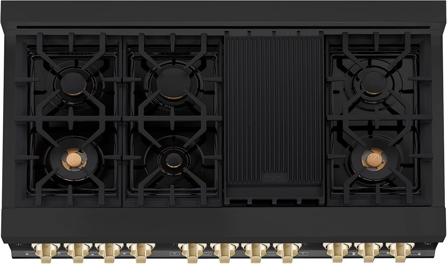 ZLINE Autograph Edition 48 in. 6.0 cu. ft. Legacy Dual Fuel Range with 7 Burner Gas Cooktop and 2 Electric Ovens in Black Stainless Steel and Polished Gold Accents (RABZ-48-G) - Image 4