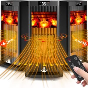 Space Heater, 2024 Small Space Heaters for Indoor Use, Oscillating Electric Heater with Infrared Sensor & 3D Flame Effect as Mini Fireplace, 1500W ECO Portable Heater for Office/Bedroom/Home/Garage