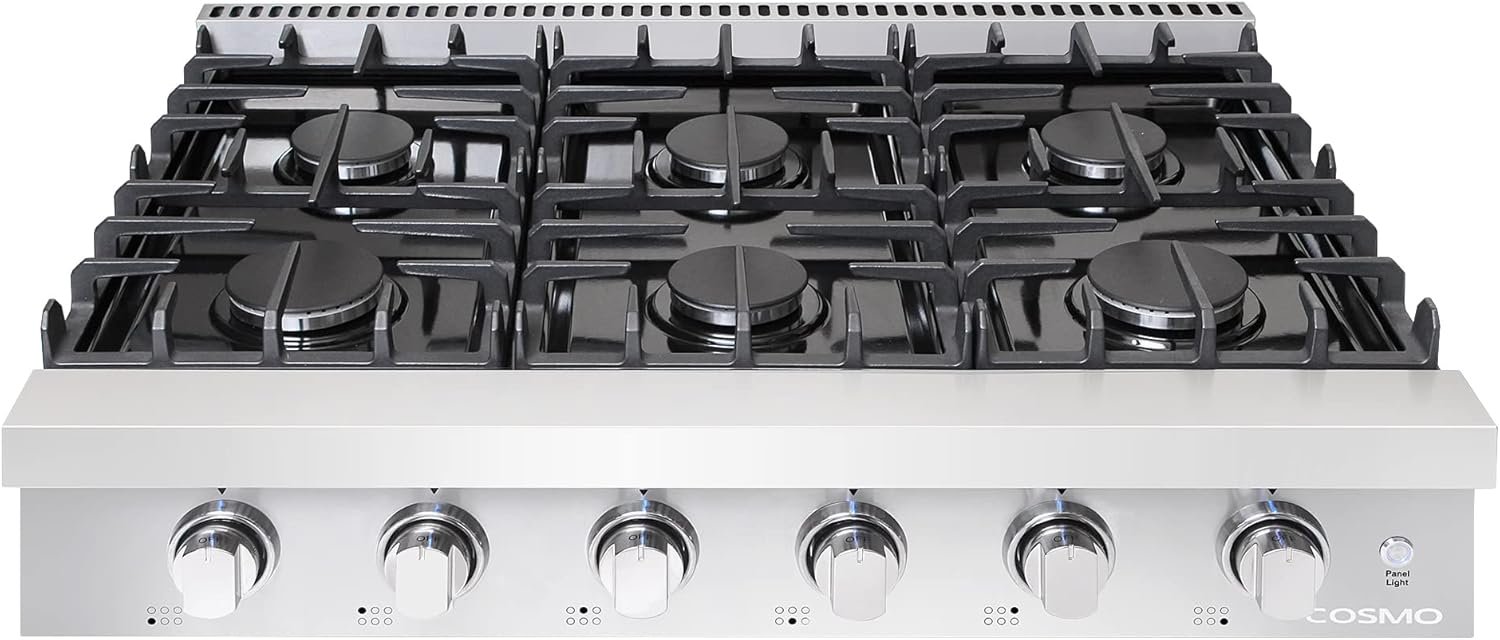 COSMO COS-GRT366 Slide-In Counter Gas-Cooktop 36 inch | 6 Italian-Made Burner Range-Top, Dual Ring Stove, Dishwasher-Safe Cast Iron Grate, Metal Front Knob Control Panel, 36 inch, Stainless Steel - Image 9