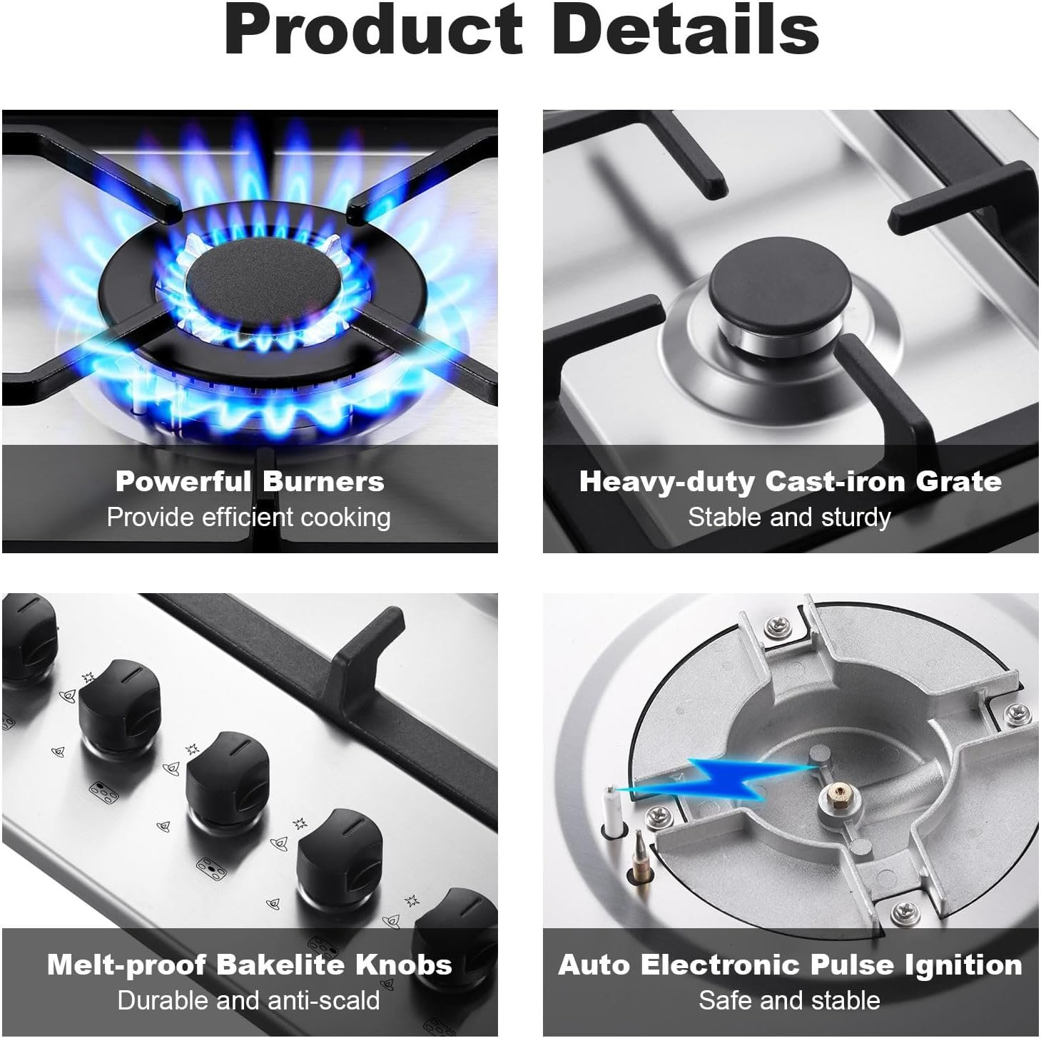 36 Inch Gas Cooktop, 5 Burner Gas Stove Top Total 34,588 BTU, Built-in Stainless Steel 36 Inch Gas Hob with Thermocouple Protection, LPG/NG Convertible Propane Cooktop - Image 5