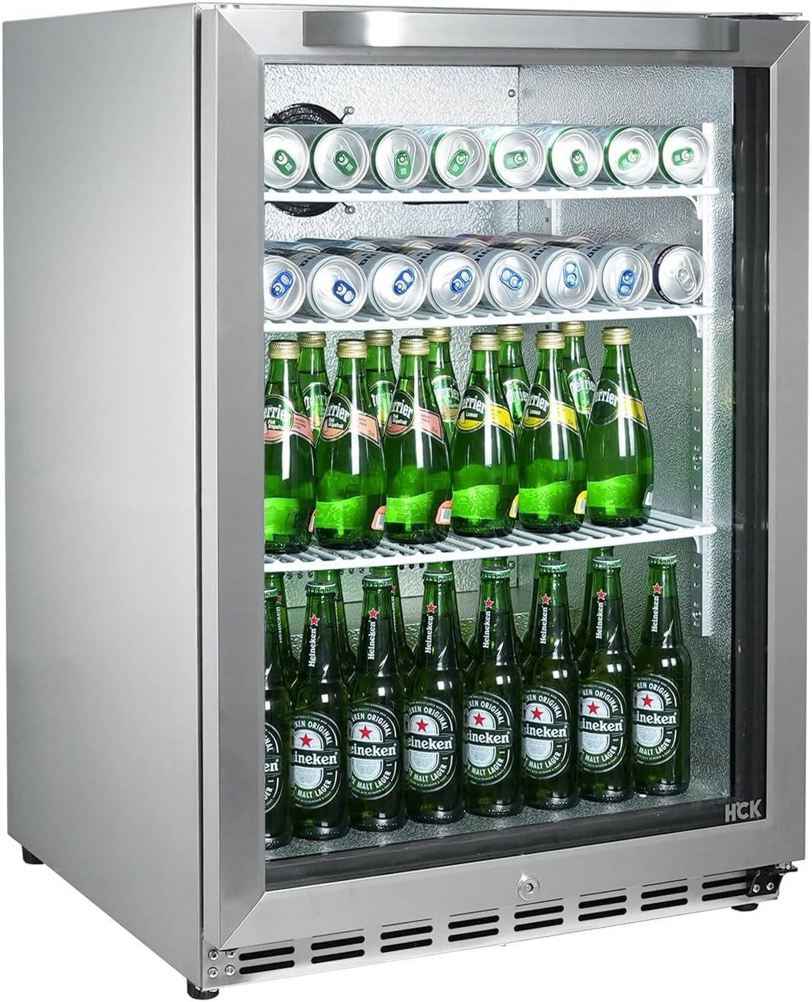 HCK 24 Inch Beverage Refrigerator, 180 Can Under Counter Fridge with Glass Door and Stainless Steel Body, Built-in or Freestanding, Beverage Cooler for Soda, Beer, Wine - Kitchen, Bar or Office