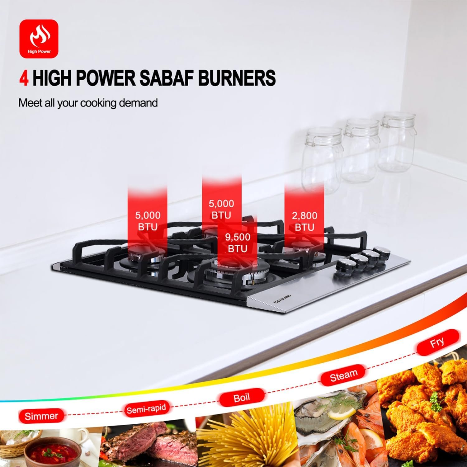 4 Burner Gas Cooktop, GASLAND GH60BF 24 Inch Gas Hob, NG/LPG Convertible Natural Gas Propane Cooktops, 4 Burner Gas Stovetop with Thermocouple Protection, Black Tempered Glass - Image 2