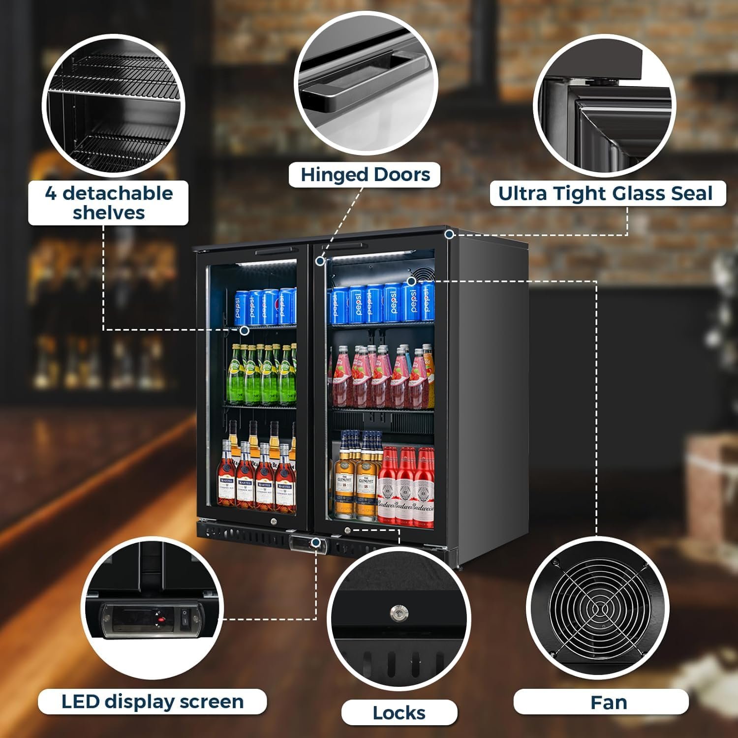 Back Bar Cooler with 2 Glass Doors, Under Counter Beverage Refrigerator, 7.4 cu.ft Mini Fridge Cooler with LED Lighting for Soda Drinks, Beer, Wine - Image 2