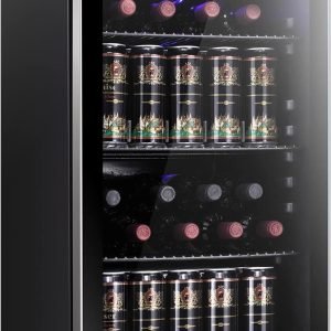 Antarctic Star 26 Bottle 130 Can Wine Cooler/Cabinet Beverage Refrigerator Mini Wine Cellar Beer Soda Clear Glass Door Bar Fridge Quiet Compressor Adjust Temp Freestanding Indoor Use 3.2cu.ft Black