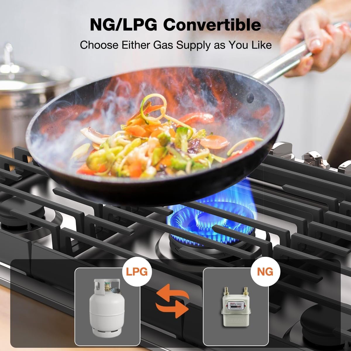 ThermoMate 36 Inch Gas Cooktop with 5 Italy Sabaf Power Burners, Built In Gas Stove Top of 304 Stainless Steel, Gas Hob NG/LPG Convertible, Gas Cooker with Thermocouple Protection CSA Certified - Image 5