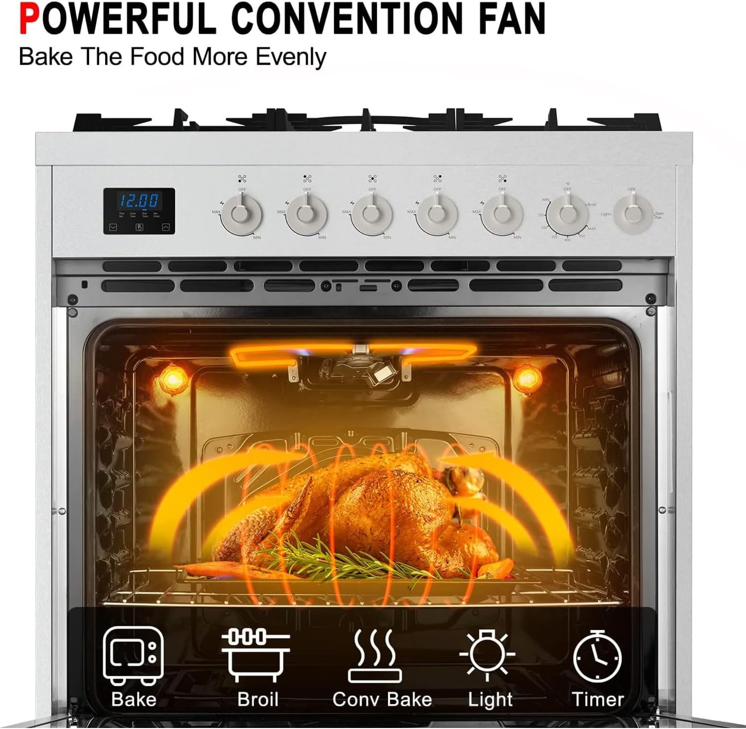 GASLAND 30'' Gas Range Stove with 5 Sealed Gas Burners, Dual Feul Stove Oven with Baking, Tray Grill and Storage Drawer, 5.0 cu. ft. Capacity, 5 Functions included LP Conversion Kit - Image 3