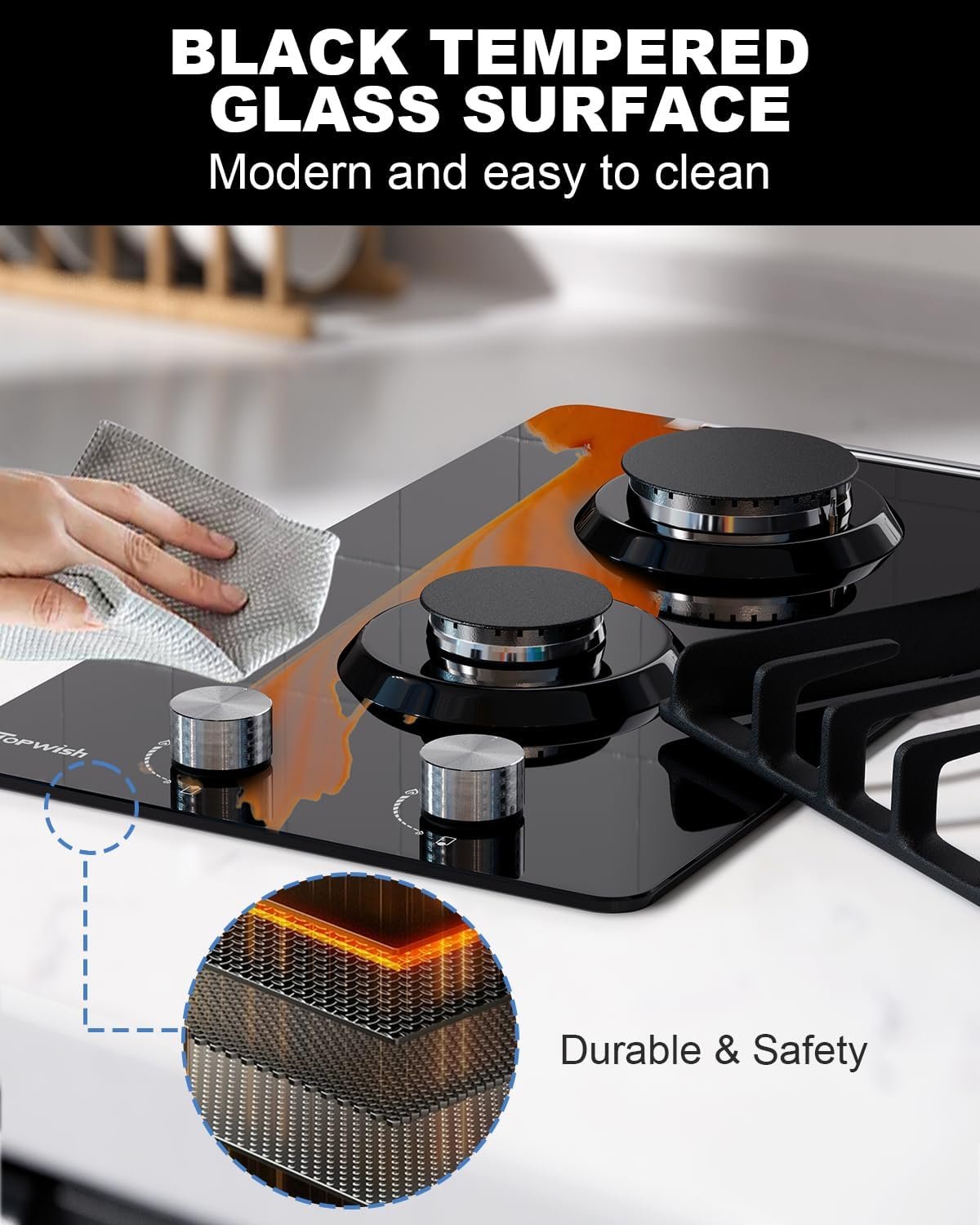 2 Burner Propane Gas Cooktop Black Tempered Glass, 12 Inch Built-in NG/LPG Convertible Gas Stove Top, 18,000BTU Gas Hob with Flame-out Protection for Kitchen, Apartment,RV,110V - Image 3