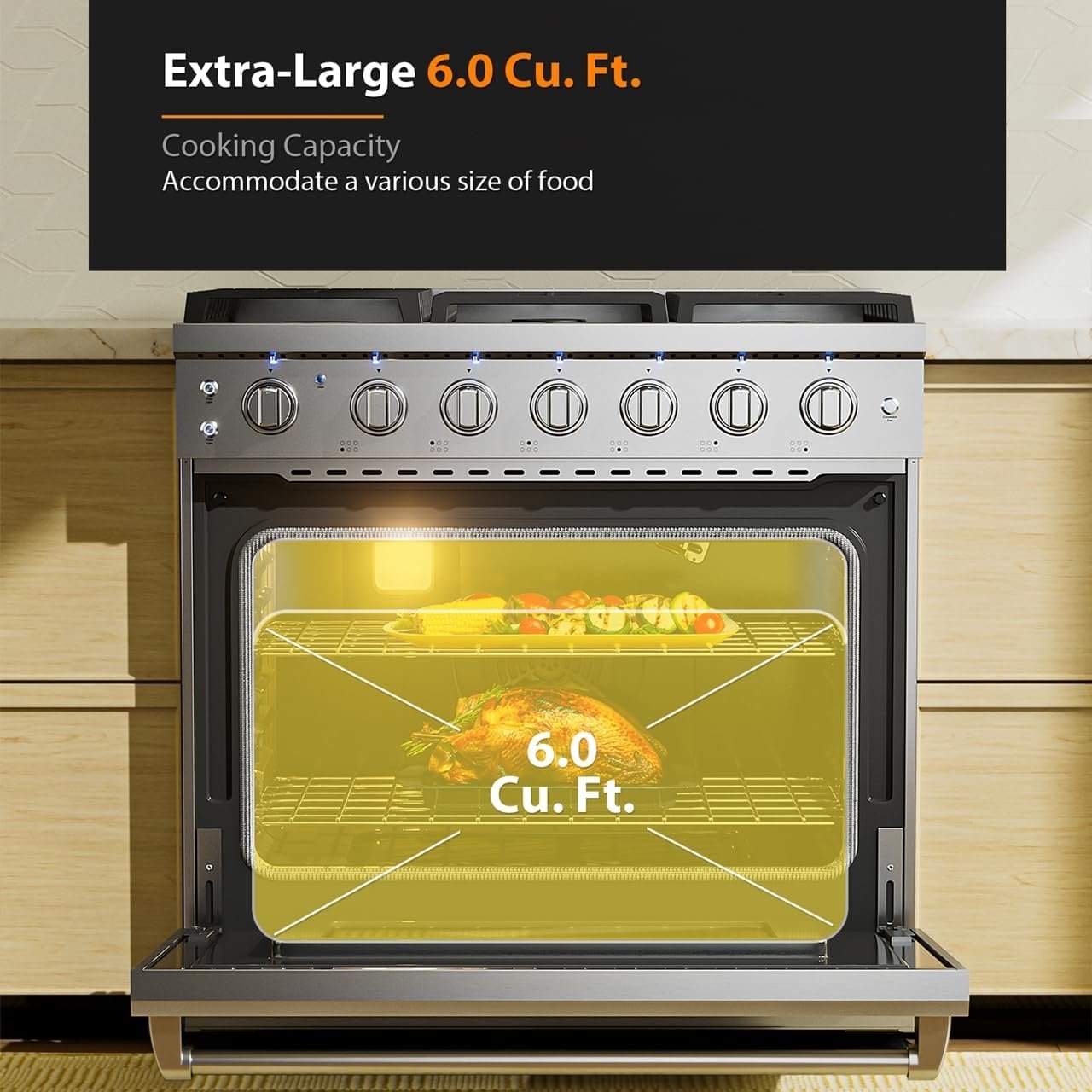 Empava 36" Slide-In Freestanding Gas Range with 6 Sealed Burners, Cast Iron Grates and 6.0 cu. ft. Convection Oven with Mechanical Knobs Control in Stainless Steel - Image 3