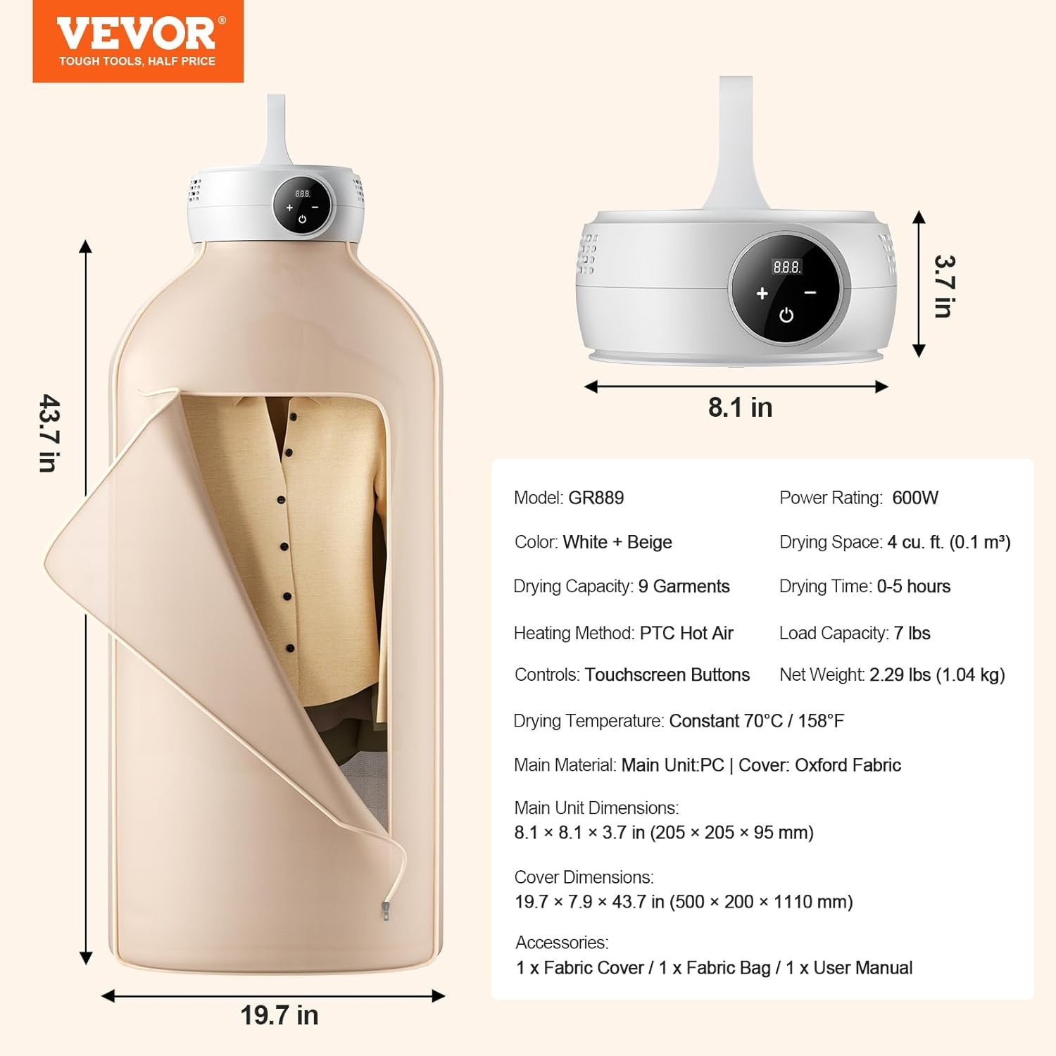 VEVOR Portable Clothes Dryer, Clothes Dryer with Dryer Bag, PTC Heating & LED Display, Foldable Mini Dryer with 5-H Timer for Apartments, Dorms, RVs, or Hotels, 600W, Beige - Image 7