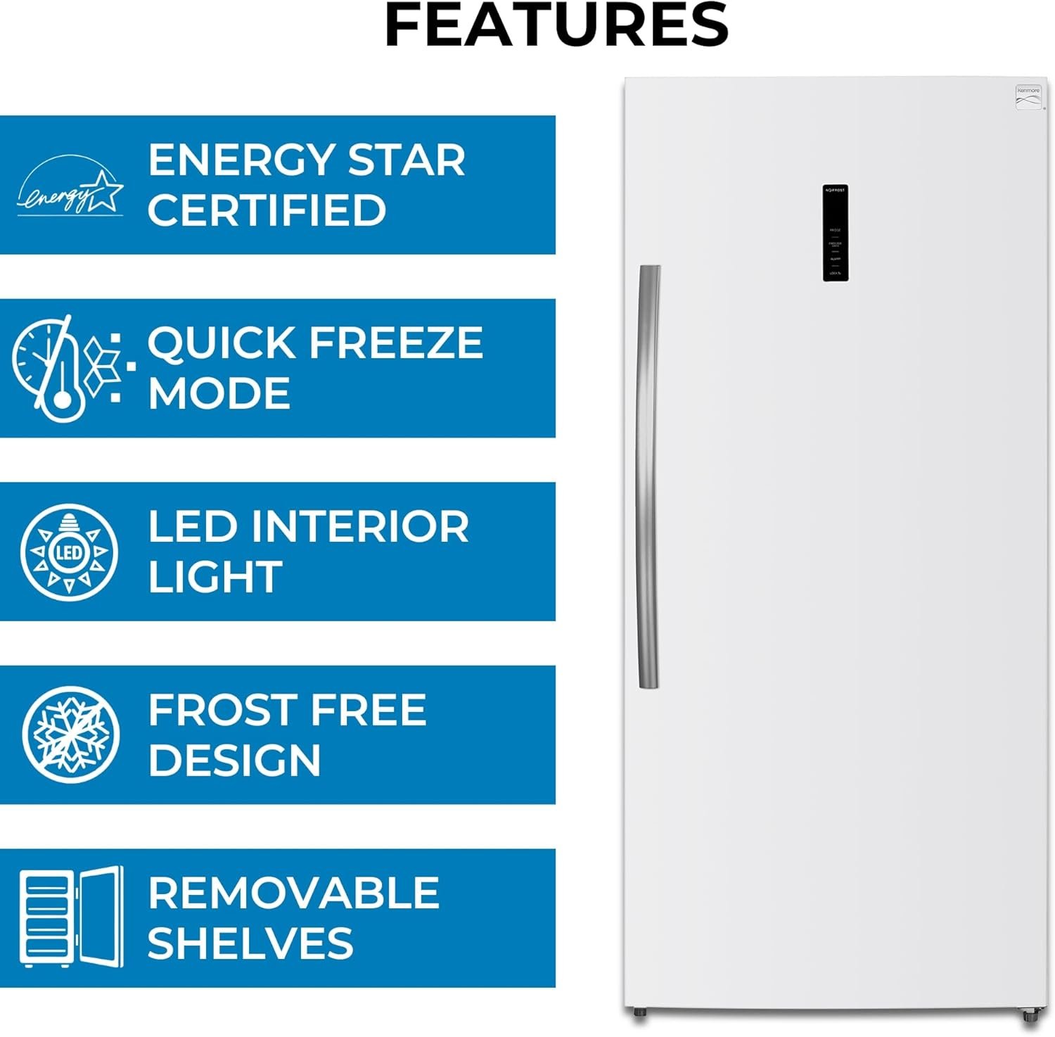 Kenmore 21 Cu. Ft. (600L) Convertible Upright Freezer/Refrigerator | Garage-Ready | Frost-Free | Digital Touch Controls | Quick Freeze | LED Interior Light | White | For Basement Garage Shed Cottage - Image 5