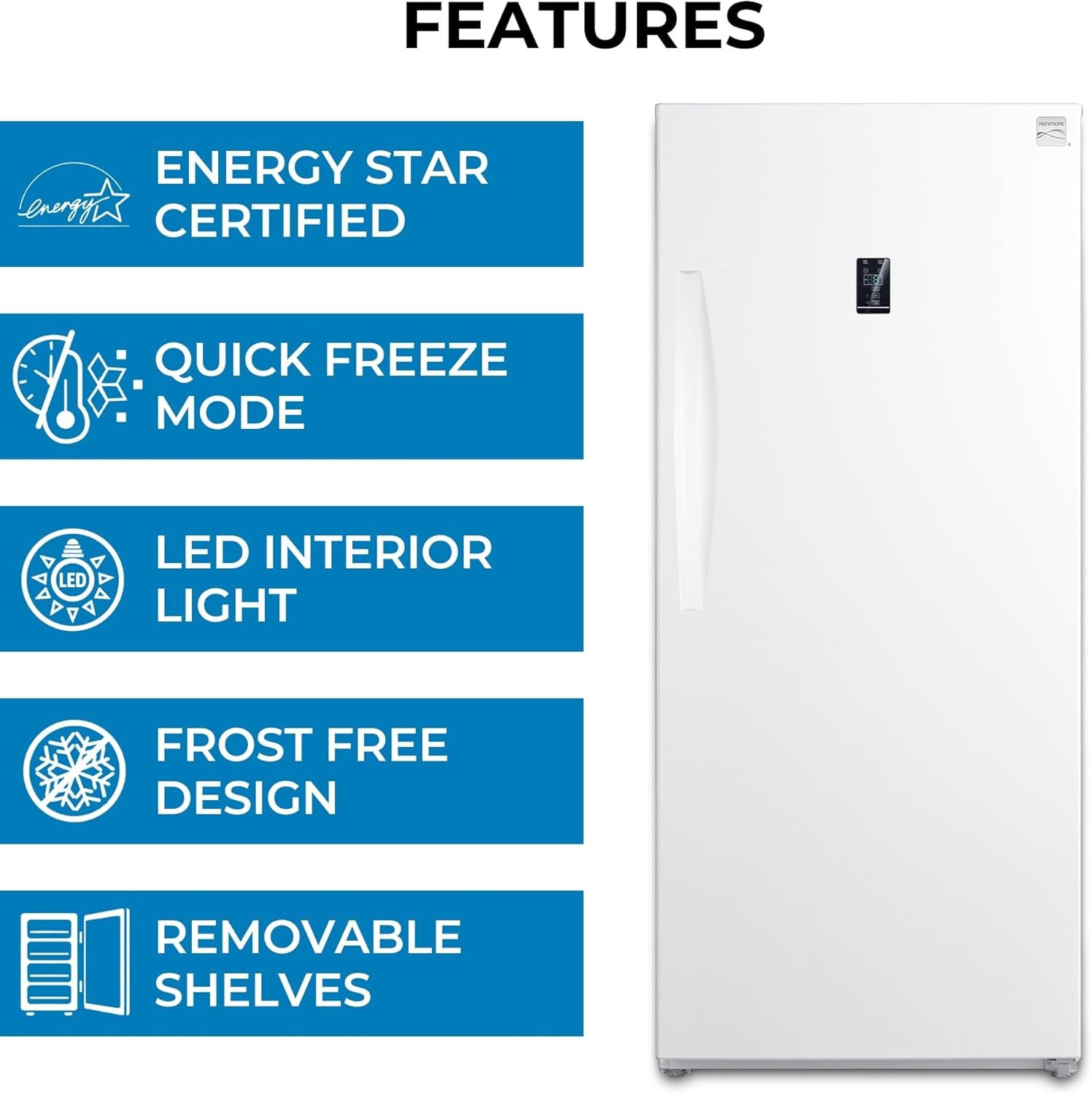 Kenmore 14 Cu. Ft. (390L) Convertible Upright Freezer/Refrigerator | Garage-Ready | Frost-Free | Digital Touch Controls | Quick Freeze | LED Interior Light | White | For Basement Garage Shed Cottage - Image 5