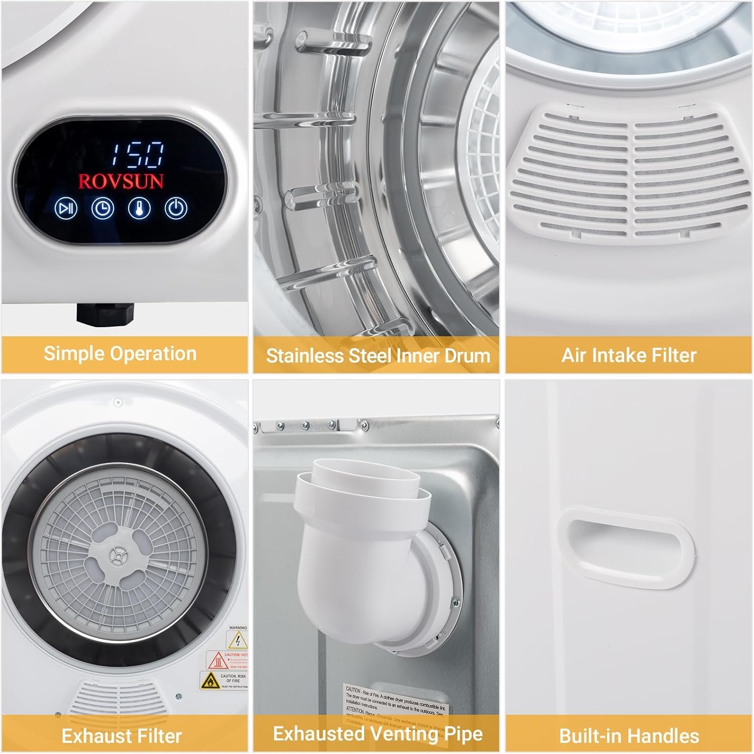 Bonnlo Portable Clothes Dryer, Front Load Electric Dryers Machine, Compact Laundry Dryers with Stainless Steel Tub, for Home, Apartment, Dorm, White (LCD Touch Control) - Image 4