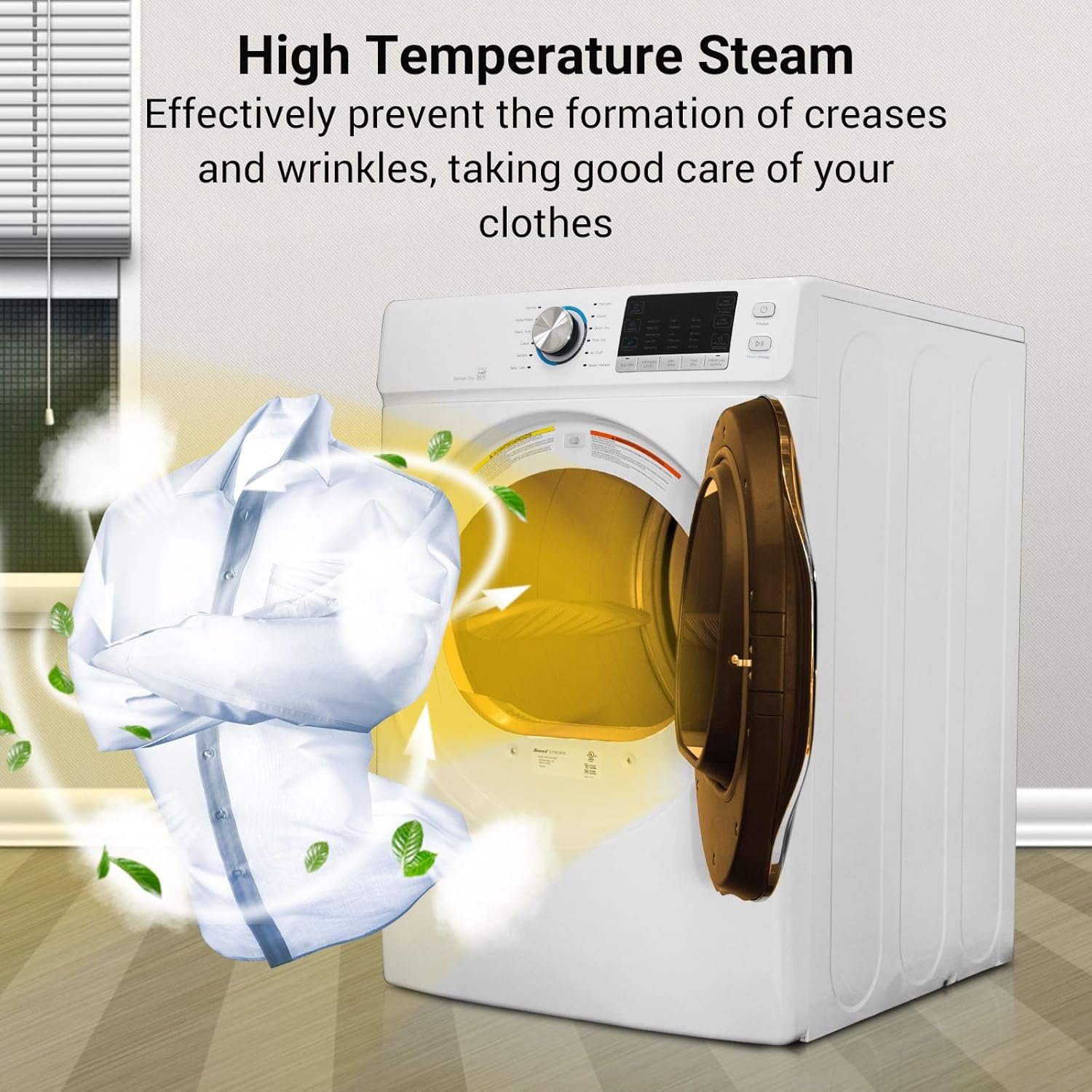 8 Cu.Ft. Electric Clothes Dryer, 27'' Vented Front Load Electric Dryer Machine, Full Size Stackable Dryer, Steam Function & Wrinkle Care, Sensor Dry, 120V, for Home, Laundry, RV, White - Image 5