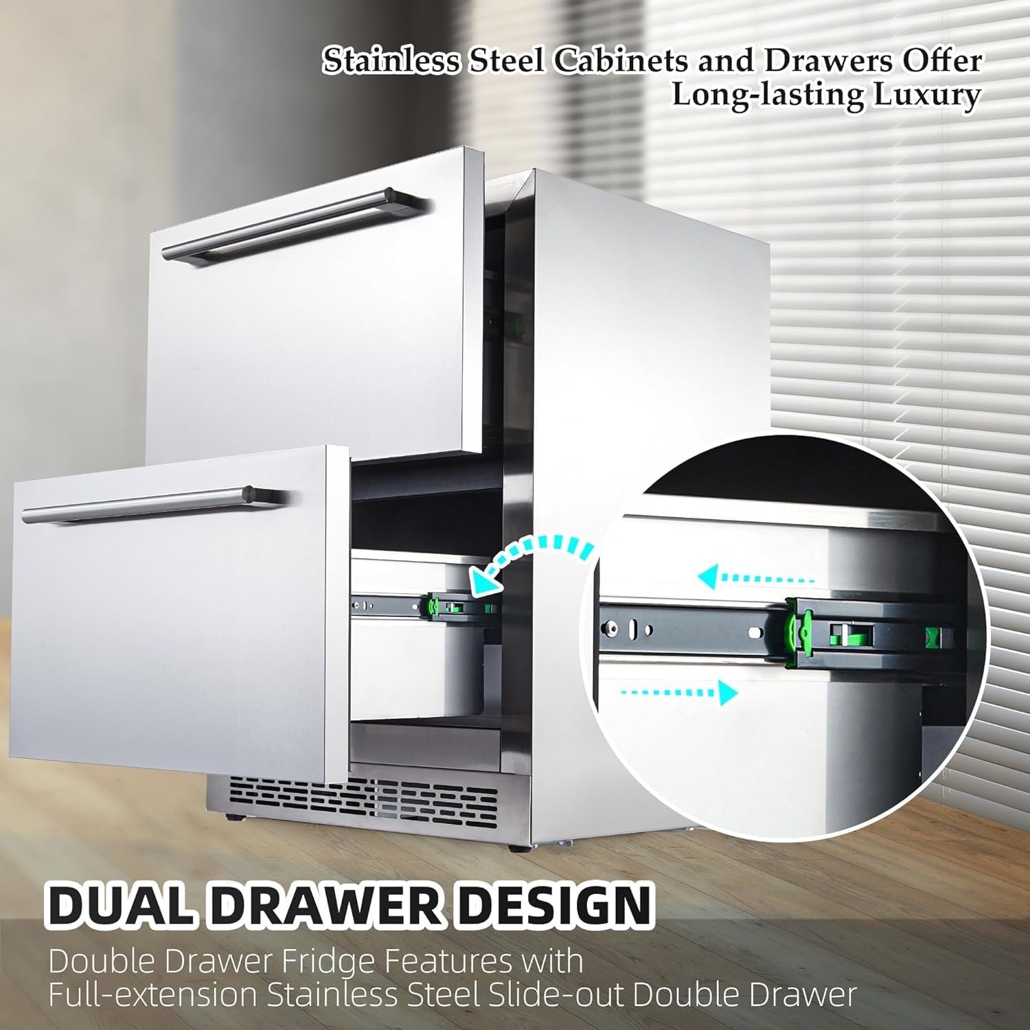 PioneerWorks 24-Inch Stainless Steel Beverage Refrigerator - Double Drawer Fridge for Soda and Beer, Freestanding & Built-in Design for Home and Outdoor Commercial Use, Waterproof and fingerprint resi - Image 3