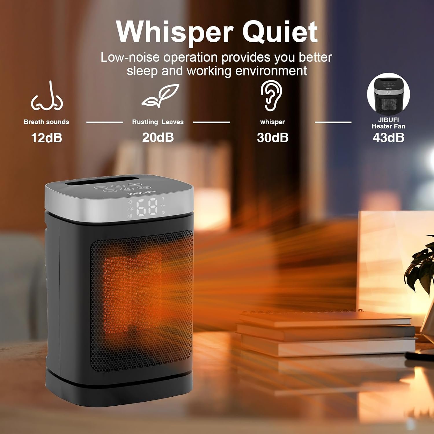 Small Portable Space Heater for Indoor Use - with 70°Rotating Feature, JIBUFI 1500W PTC Electric Heater, Rapid and Safe Heating, Remote Control, 1-12 Hr Timer for Bedroom, Office, etc, Silver - Image 6