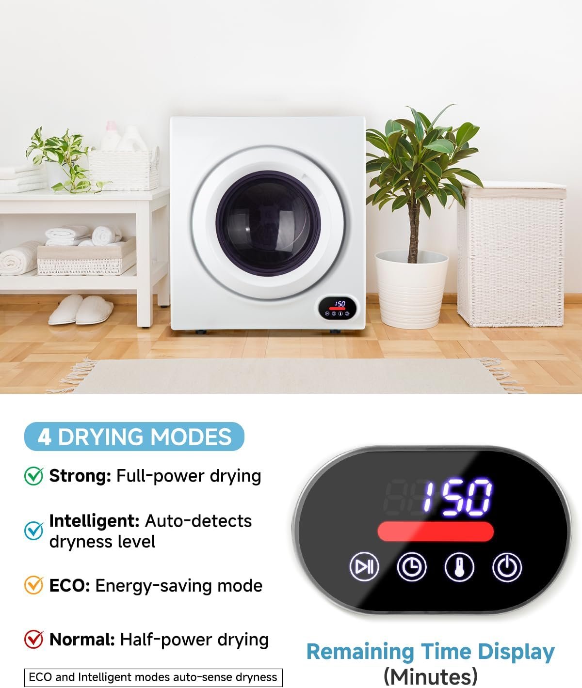 2.65 Cu.Ft Portable Clothes Dryer - 1400W Clothes Dryer with Stainless Steel Tub, Front Load Tumble, LCD Touch Panel - Portable Dryer for Laundry, Apartments, Dorms - Image 3