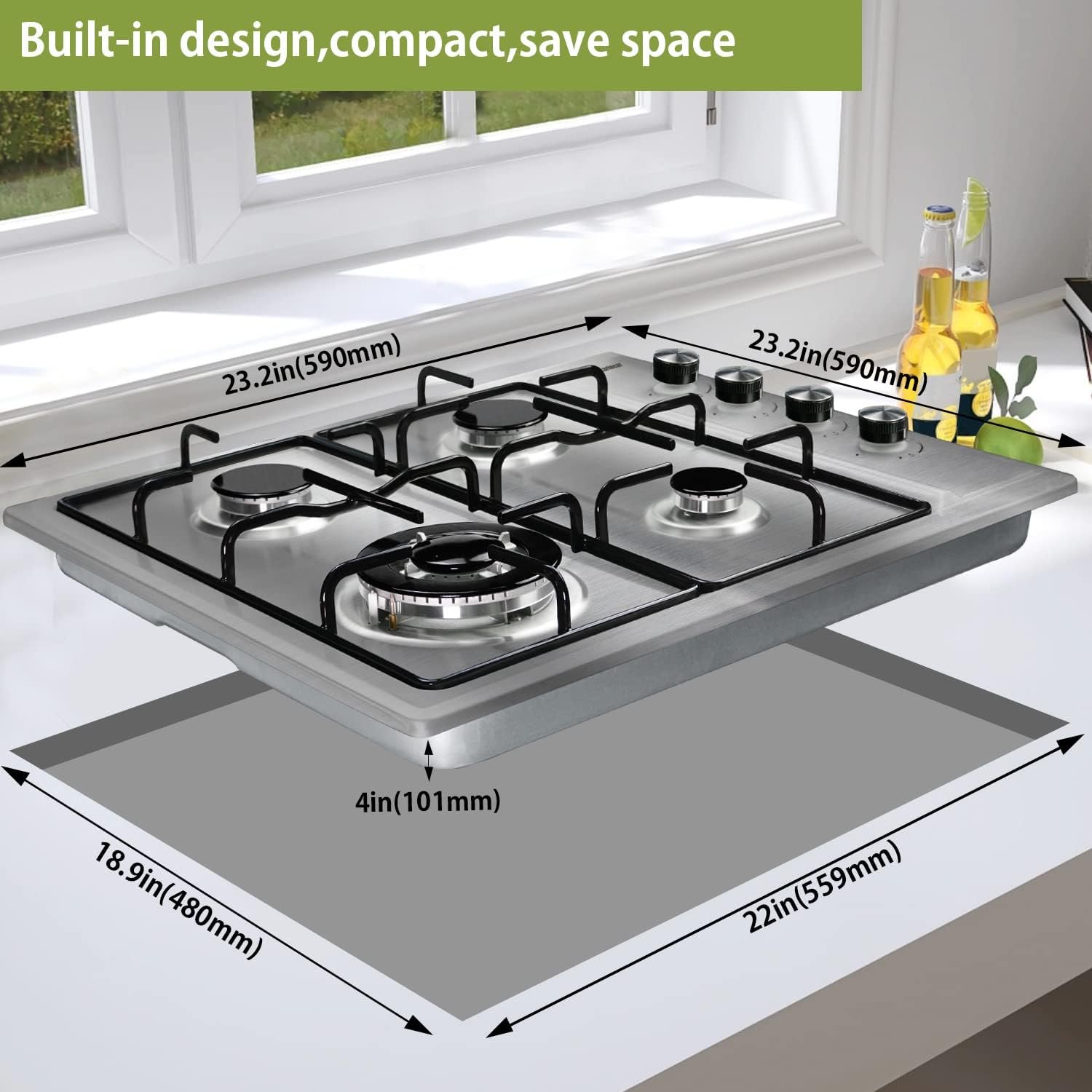 Karinear 24 Inch Gas Cooktop Gas Stove 4 Burners, Built-in Stainless Steel Gas Hob, NG/LPG Dual Fuel Gas Stovetop with Thermocouple Protection for Apartments, Indoor (Come with Pressure Regulator) - Image 5