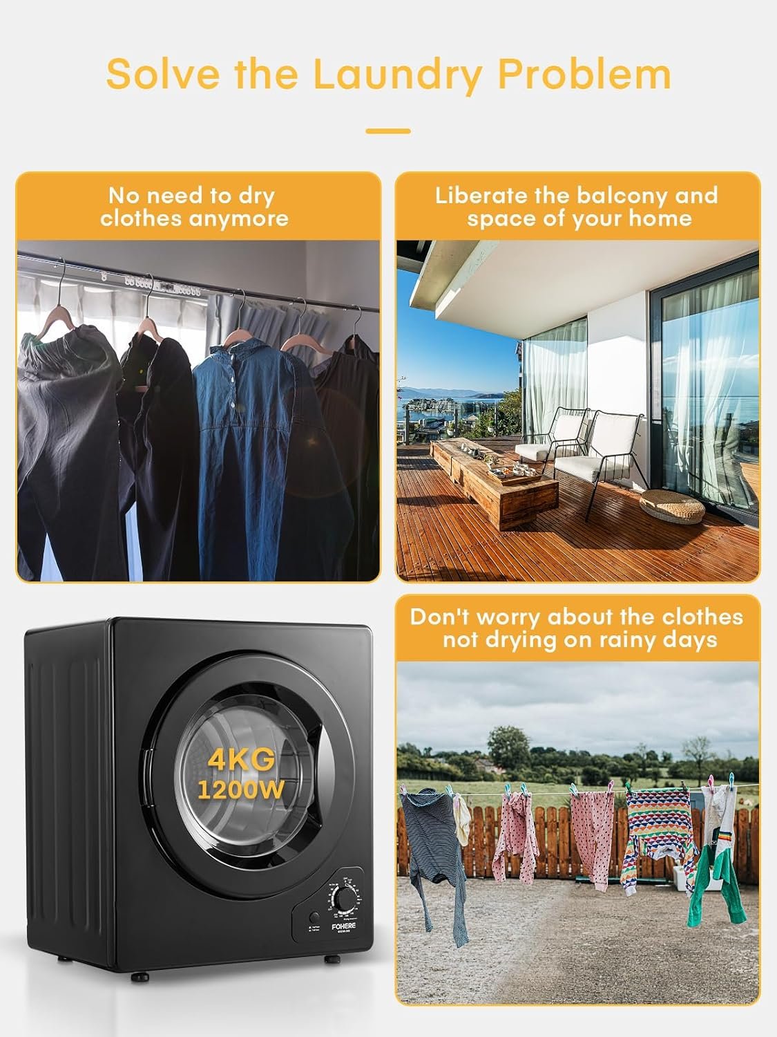 1400W Portable Clothes Dryer, FOHERE Tumble Dryer, 5 Drying Modes, with Stainless Steel Drum, for Apartments, Dorms, Homes, RVs, 110V, Black - Image 3