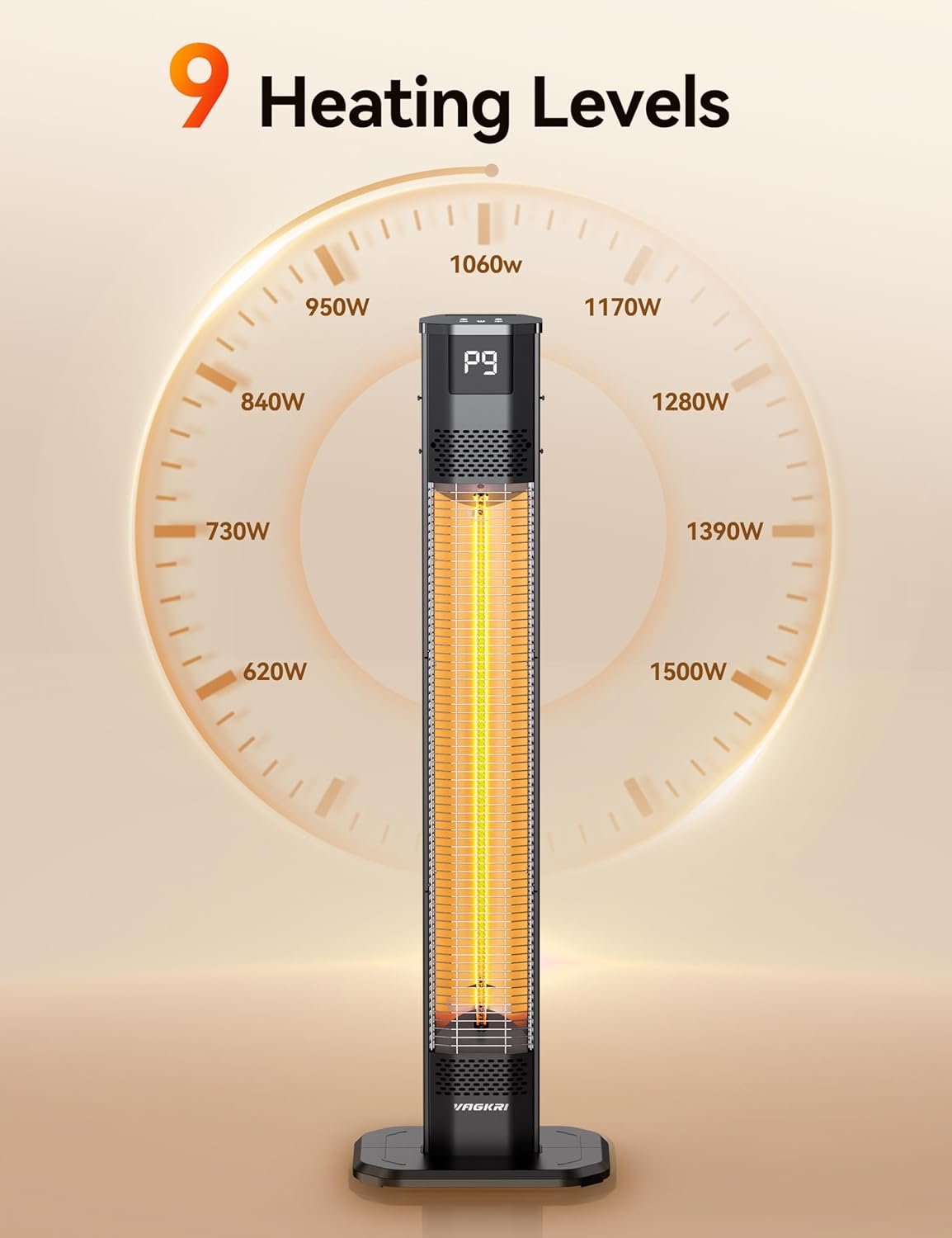 VAGKRI Outdoor Heaters, 1s Heating Carbon Infrared Patio Heaters With Remote, 9 Heat Levels, 24H Timer, IPX5 Waterproof, 42in Electric Space Heaters for Home, Office, Restaurant, Patio, and Garage - Image 4