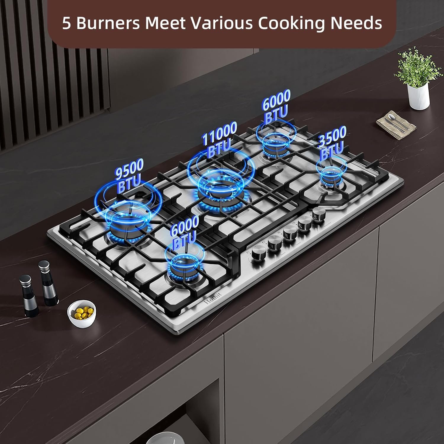 5 Burners 36 inch Gas Cooktop, Stainless Steel Gas Range Top, Gas Cooker Stove Propane Gas/Natural Gas Convertible AHT36IN10S-SDKP - Image 2