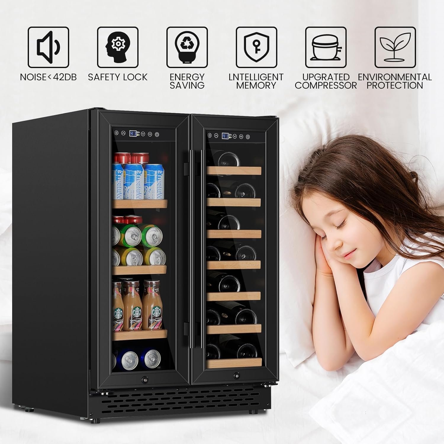 24 Inch Wine and Beverage Refrigerator Under Counter, Dual Zone Black Beverage Fridge with Glass Door&Lock,20 Bottles & 88 Cans Wine and Beverage Cooler, Freestanding Mini Fridge for Bedroom Home - Image 5