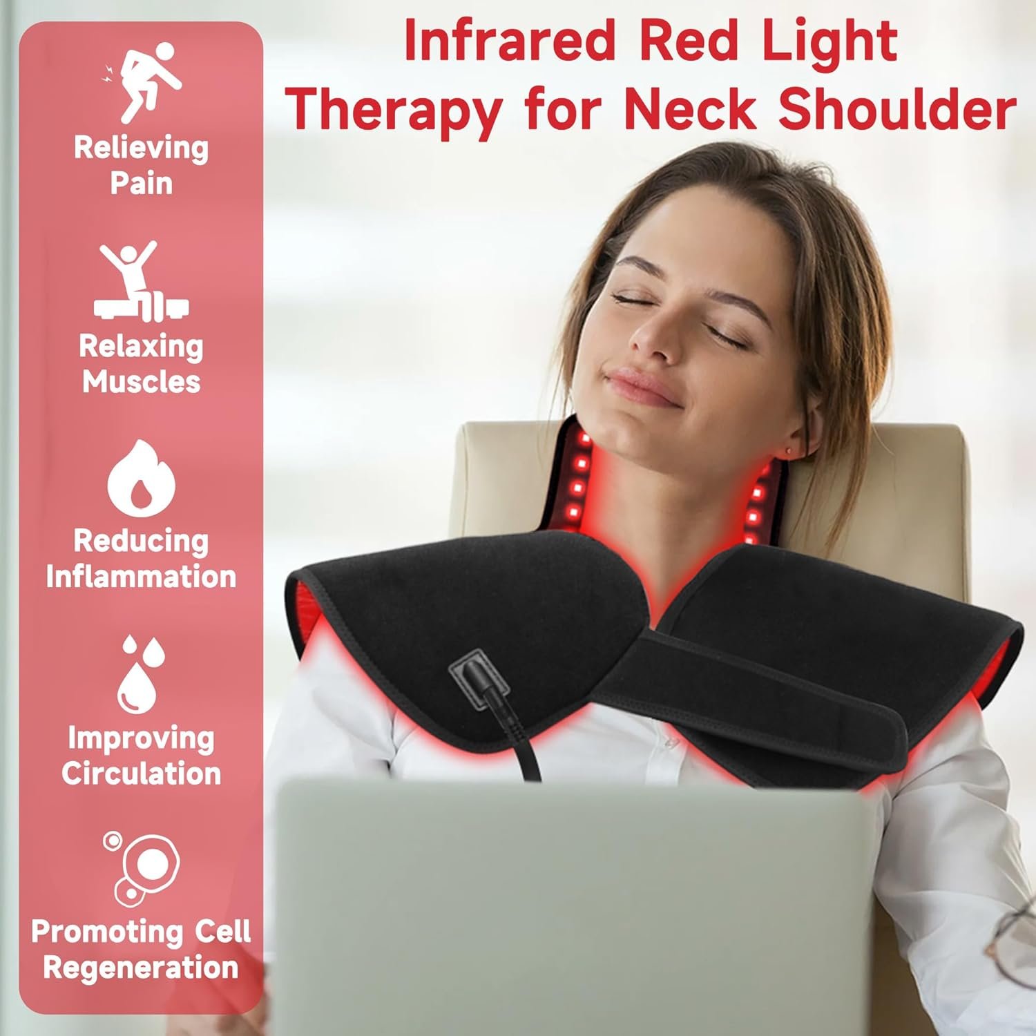 Red Infrared Light Neck Shoulder: Heating Red Light Therapy Device for Body Upper Back, 660nm&850nm Dual-chip LED Wearable Wrap Pad Pain Relief Muscle Relaxing for Women Men at Home - Image 5