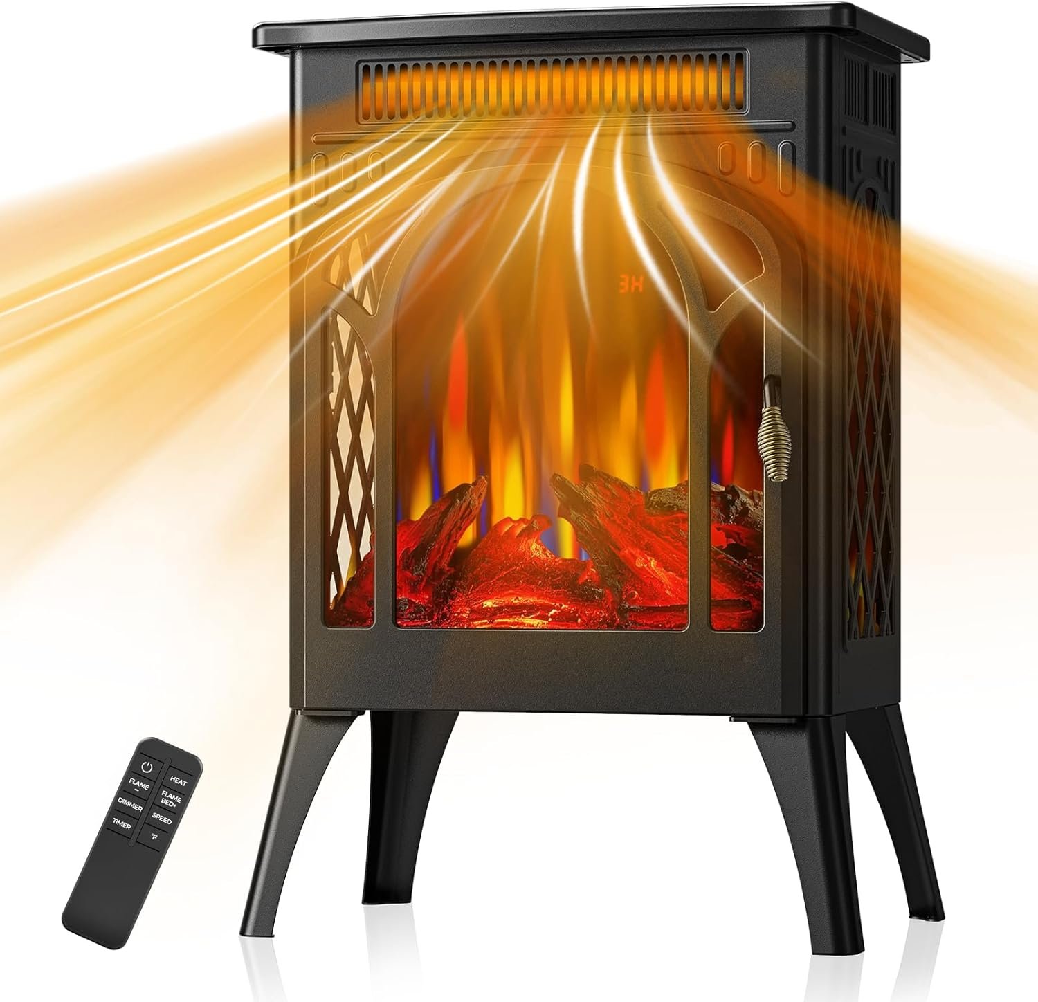 COWSAR Electric Fireplaces, 1500W Infrared Electric Stove Heater, Efficient Heating, 3D Realistic Flame, Remote Control, 8H Timer, Freestanding Stove for Living Room Bedroom Indoor Use, 5100 BTU
