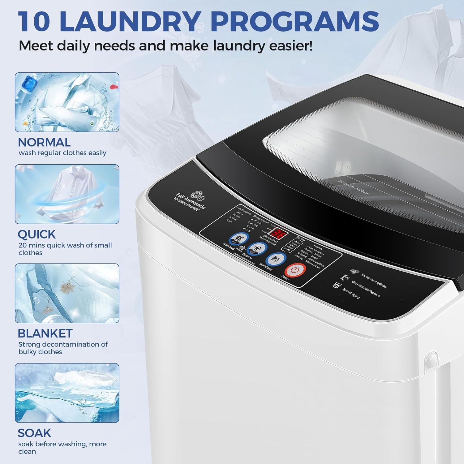 Nictemaw Portable Washing Machine 20Lbs Capacity 2.8 Cu.ft Portable Washer and Dryer Combo with 10 Programs and 8 Water Level Selections Compact Washer Machine for Apartments, Dorms, Rv-Glass Cover - Image 3