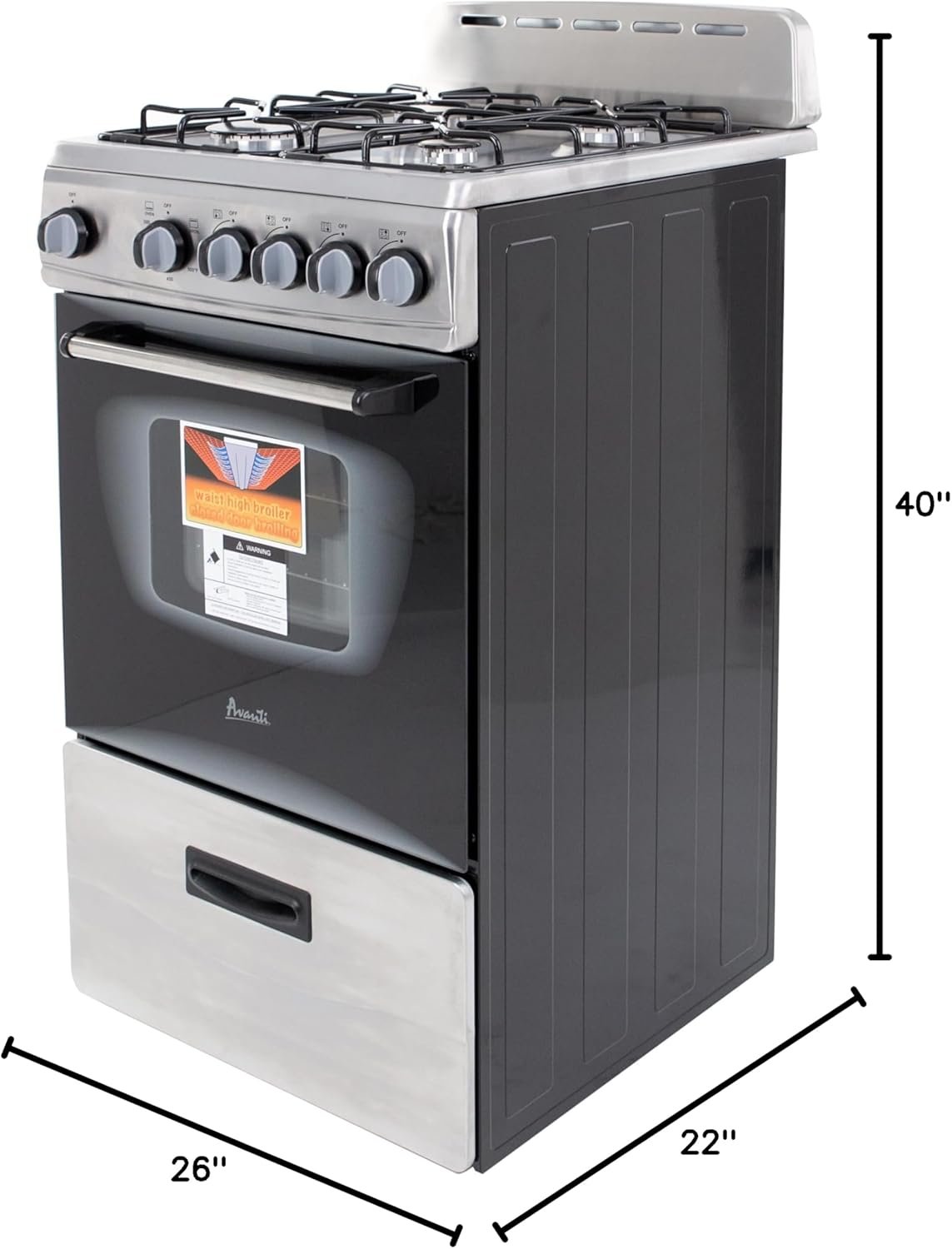 Avanti GR2013CSS Gas Range Oven Compact Freestanding Design, 4 Sealed Burners with Electronic Ignition, 2.1 Cu.Ft. Capacity Features Storage Drawer Broiler and Accessories, 20-Inch, Black - Image 10