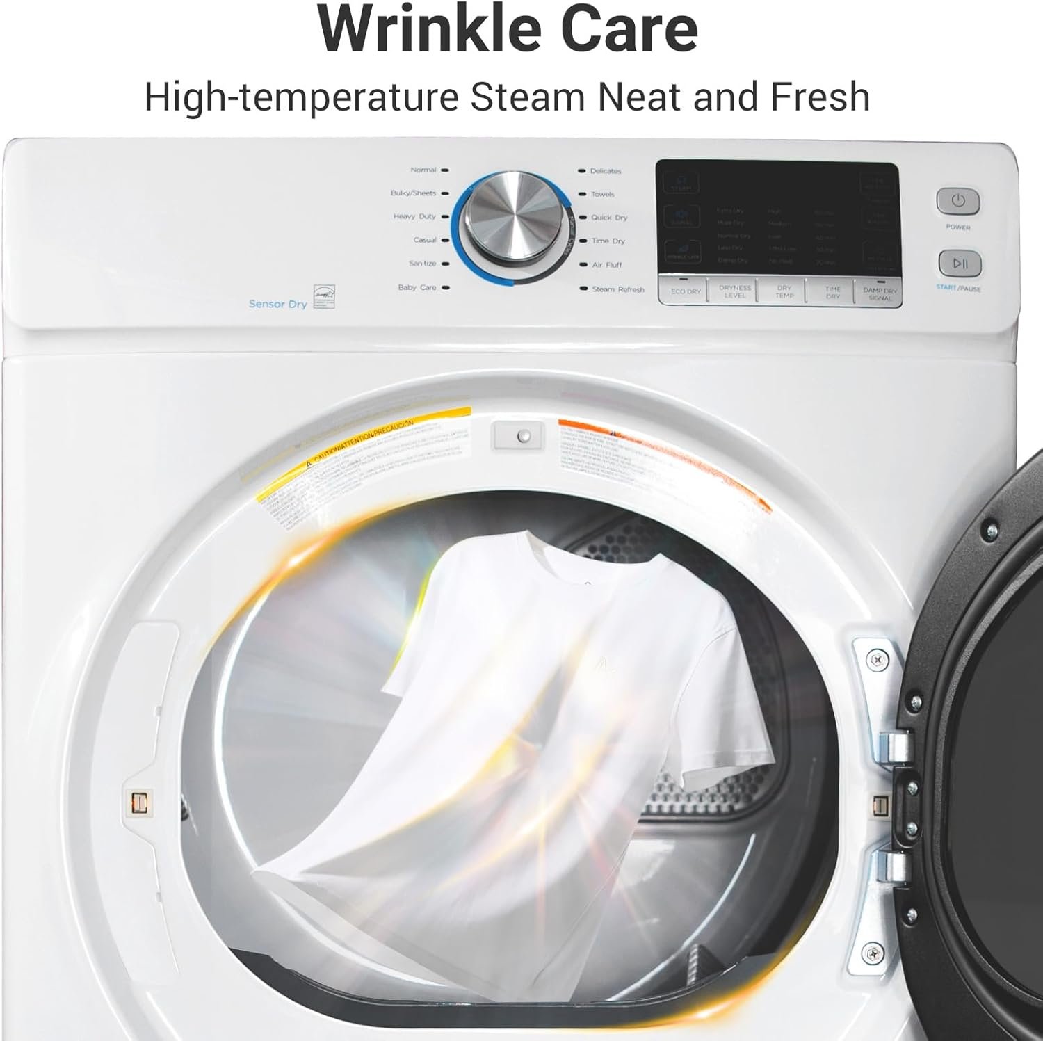 8 Cu.Ft. Electric Clothes Dryer, 27'' Vented Front Load Electric Dryer Machine, Full Size Stackable Dryer, Steam Function & Wrinkle Care, Sensor Dry, 120V, for Home, Laundry, RV, White - Image 4