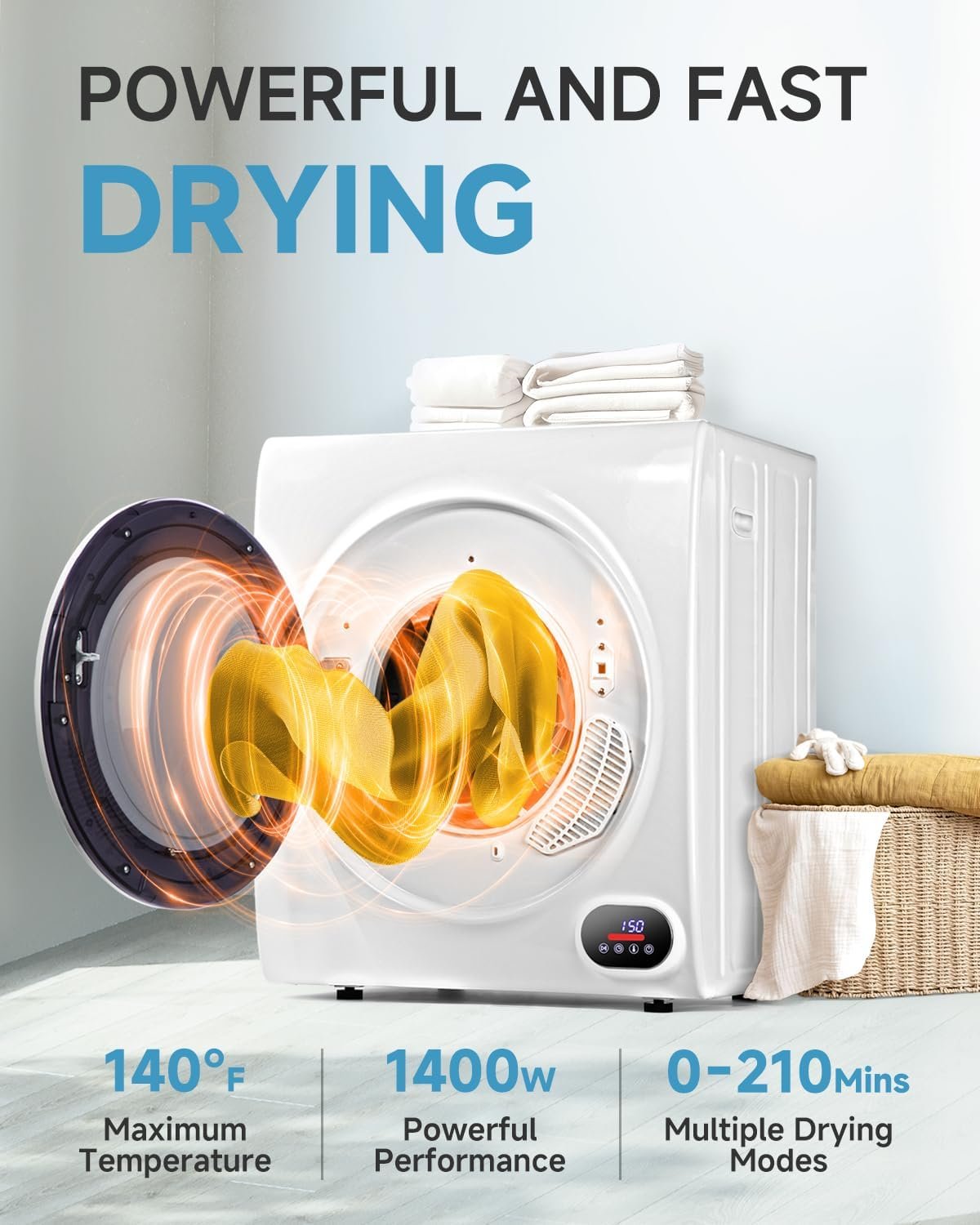 2.65 Cu.Ft Portable Clothes Dryer - 1400W Clothes Dryer with Stainless Steel Tub, Front Load Tumble, LCD Touch Panel - Portable Dryer for Laundry, Apartments, Dorms - Image 2