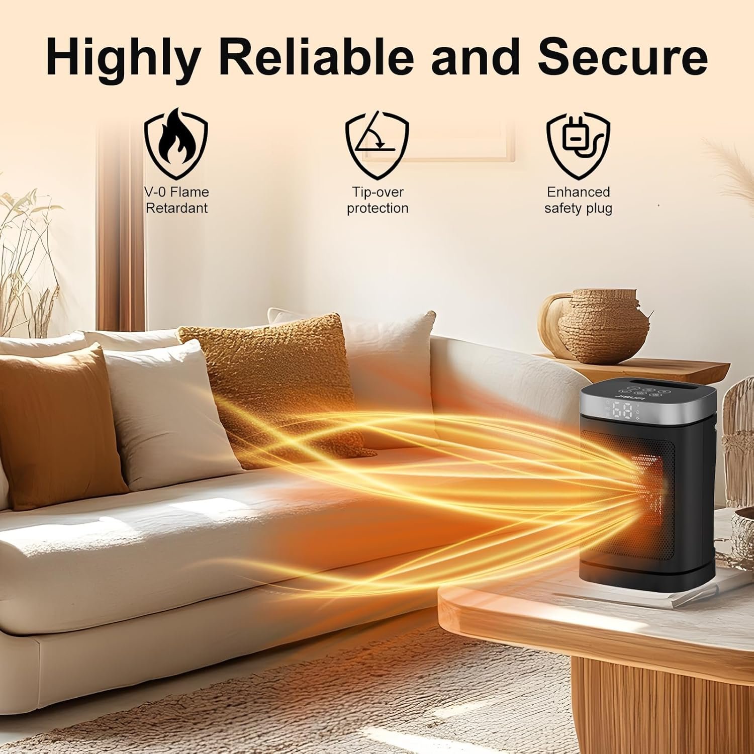 Small Portable Space Heater for Indoor Use - with 70°Rotating Feature, JIBUFI 1500W PTC Electric Heater, Rapid and Safe Heating, Remote Control, 1-12 Hr Timer for Bedroom, Office, etc, Silver - Image 3