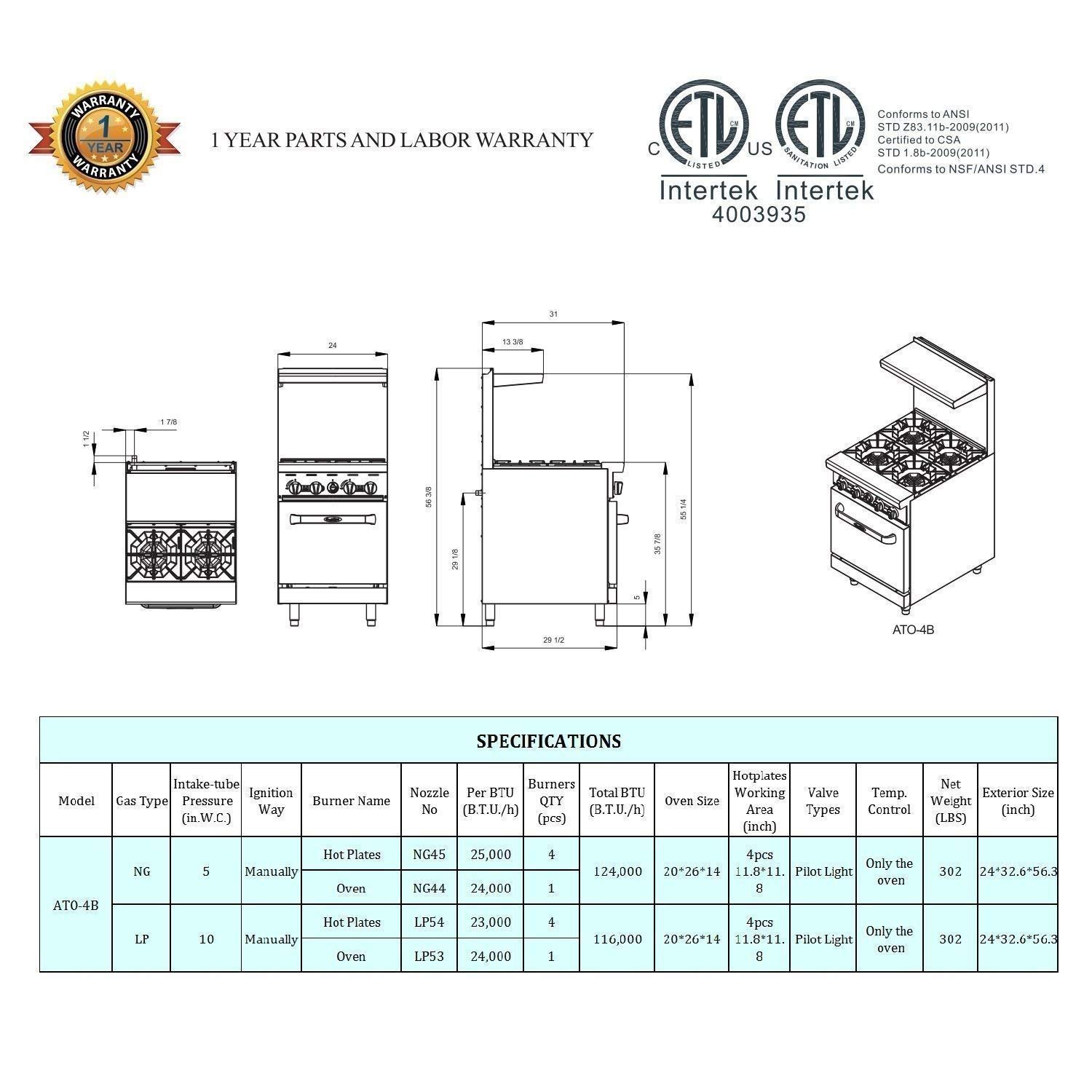 CookRite Commercial Natural Gas Range 24 4 Burner Hotplates With Standard Oven - 124,000 BTU - Image 4